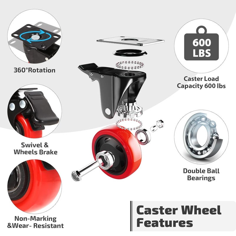 Nefish 2 Inch Heavy Duty Casters Wheels (16 Pack), Top Plate Castor Wheels with Brake, 360 Degree Durable Locking Swivel Cabinet Wheels, No Noise Polyurethane Wheels for Cart, Workbench - Image 4